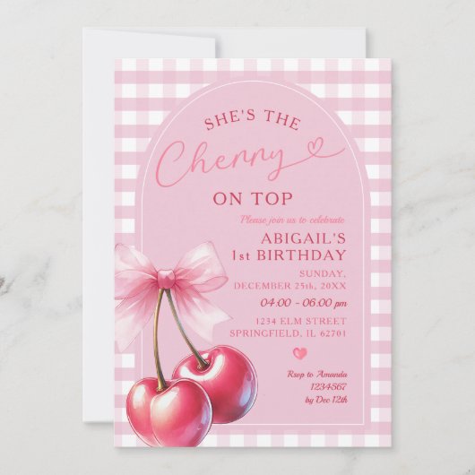 Arch She's Cherry op de top van Gingham Pink Birth Kaart (Voorkant)