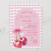 Arch She's Cherry op de top van Gingham Pink Birth Kaart (Voorkant / Achterkant)