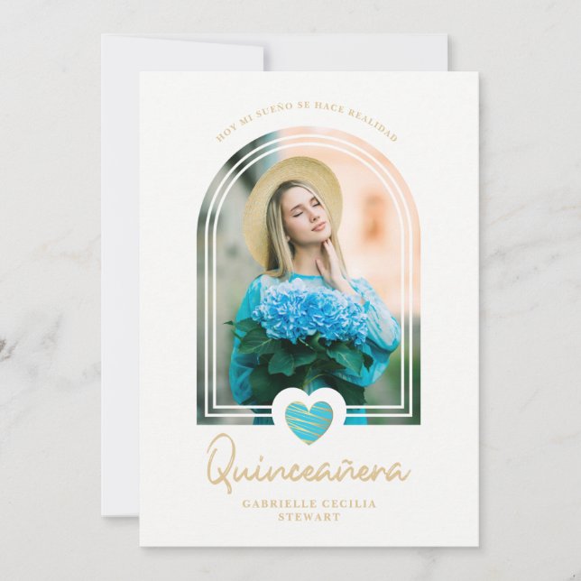 Arch Spanish Modern Blue Heart Photo Quinceañera (Voorkant)
