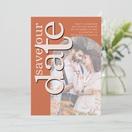 Arch Typography Photo Overlay Terracotta Save The Date (Staand voorkant)