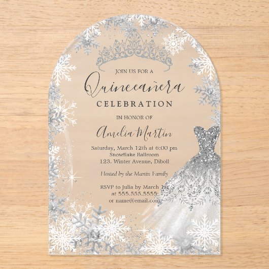 Arch Winter Snowflake Clear Fosted Quinceanera Acryl Uitnodigingen (Voorkant)