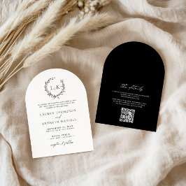 Arch Zwart Wit Monogram QR Code Classic Wedding Kaart
