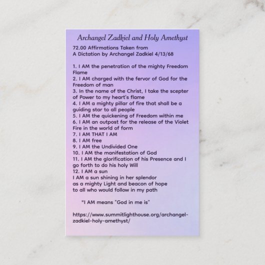 Archangel Zadkiel and Holy Amethyst Visitekaartje (Achterkant)