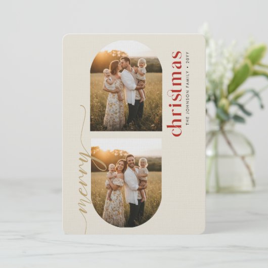 Arched 3 Photo Family Christmas Cards Feestdagenkaart (Staand voorkant)