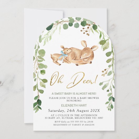 Arched Blue Bow Oh Deer Baby shower Invitation Kaart (Voorkant)