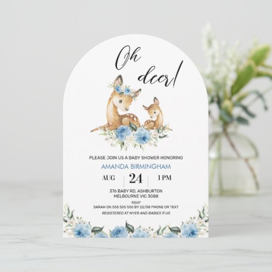 Arched Boys Blue Floral Oh Deer Baby shower Kaart (Staand voorkant)
