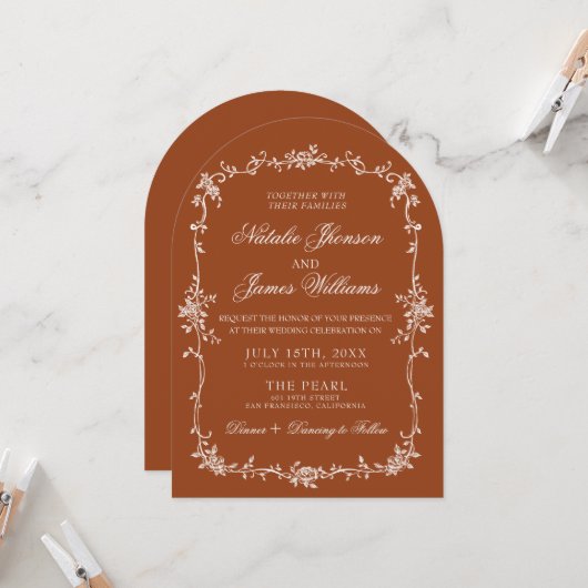 Arched Burnt Orange Floral Boho Terracotta Wedding Kaart (Voorkant / Achterkant in situ)