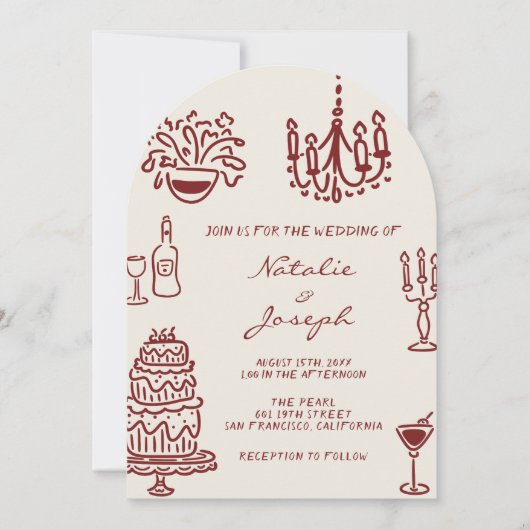Arched Drawn Burgundy Romantic Whimsical Wedding Kaart (Voorkant)