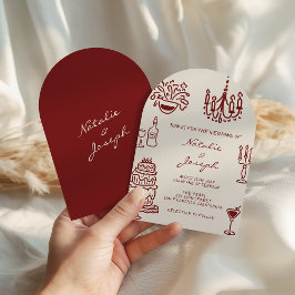 Arched Drawn Burgundy Romantic Whimsical Wedding Kaart