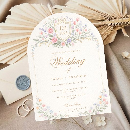 Arched Floral Wedding Monogram, Romantic Garden Kaart