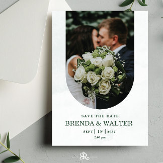 Arched Greenery White Rose Photo Wedding Kaart