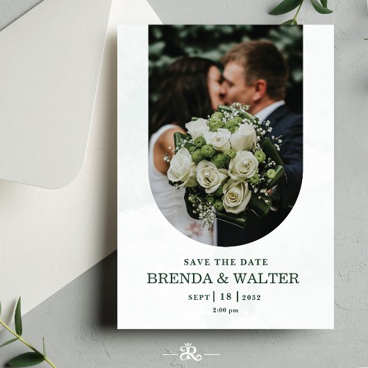 Arched Greenery White Rose Photo Wedding  Kaart