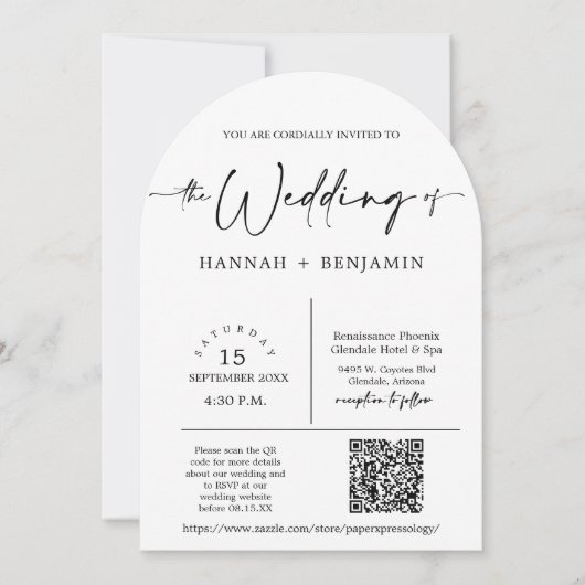 Arched Modern Minimal Script Wedding QR Code Foto Kaart (Voorkant)