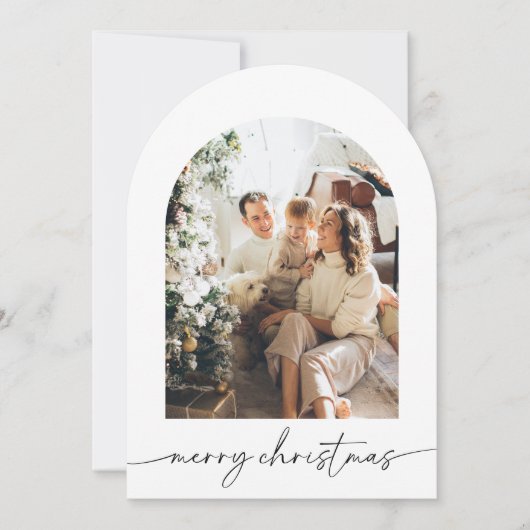 Arched Modern Script Foto Familie Kerstmis Kaart (Voorkant)