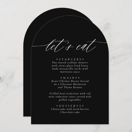 Arched Modern Zwart-wit Let's Eat Menu Kaart (Voorkant / Achterkant)