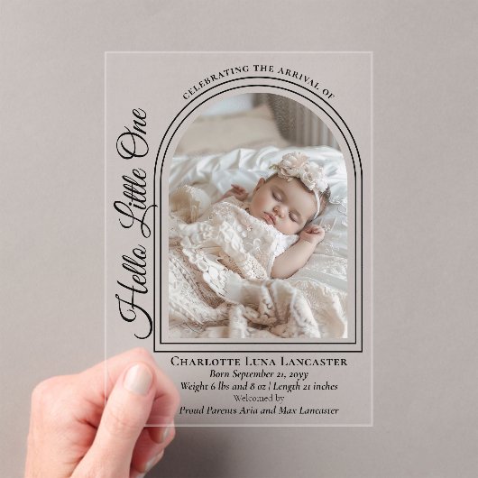 Arched Photo Elegant Script Birth Announcement Acryl Uitnodigingen (Insitu (Draagbaar))