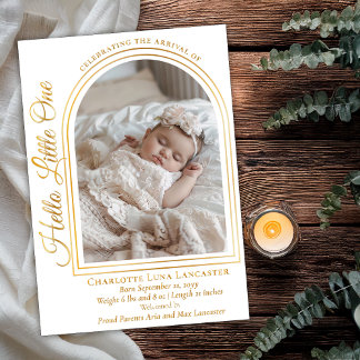 Arched Photo Elegant Script Birth Announcement Folie Uitnodiging
