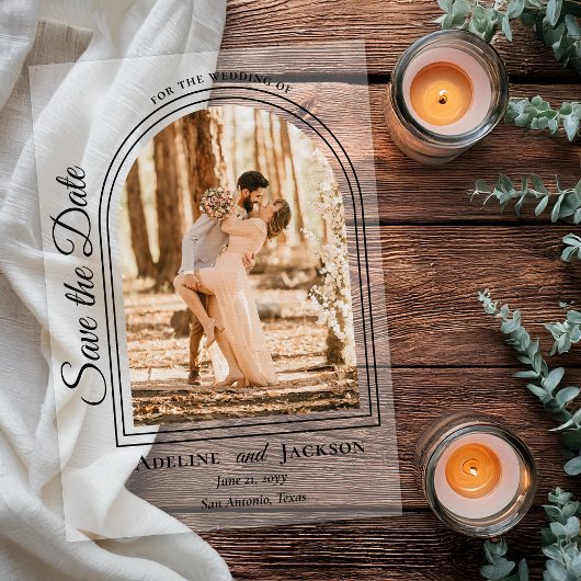 Arched Photo Elegant Script Save the Date Acryl Uitnodigingen