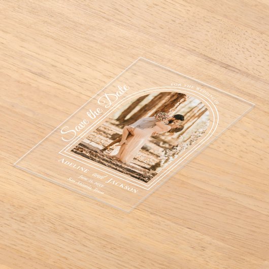 Arched Photo Elegant Script Save the Date Acryl Uitnodigingen (Laagn)