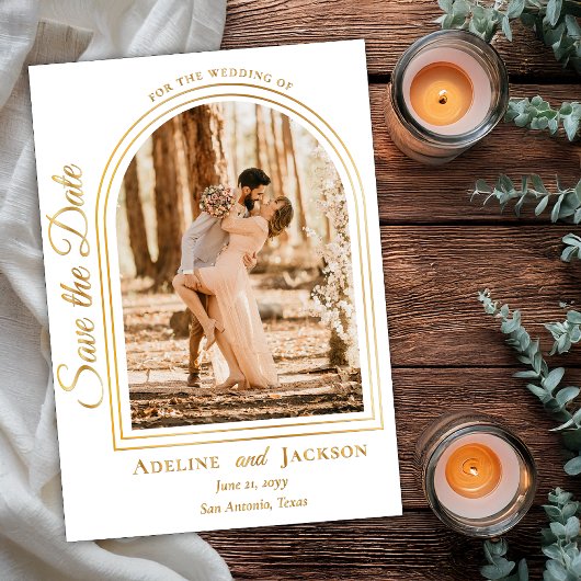 Arched Photo Elegant Script Save the Date Folie Uitnodiging