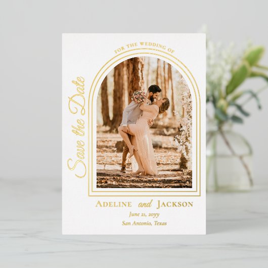 Arched Photo Elegant Script Save the Date Folie Uitnodiging (Staand Voorkant)