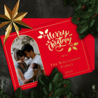 Arched Photo Merry Kerstmis en Holly op Red