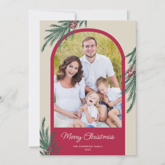 Arched Photo Winter Greenery Merry Kerstmis Feestdagenkaart (Voorkant)
