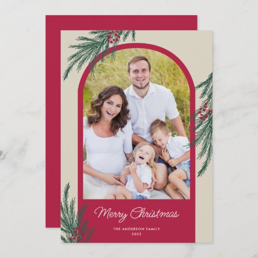 Arched Photo Winter Greenery Merry Kerstmis Feestdagenkaart (Voorkant / Achterkant)