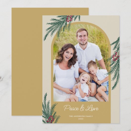 Arched Photo Winter Greenery Peace & Love Feestdagenkaart (Voorkant / Achterkant)