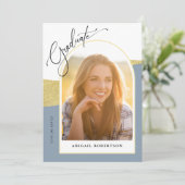 Arched Photos Dusty Blue & Gold Graduparty Kaart (Staand voorkant)