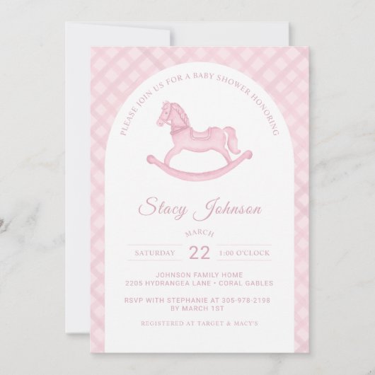 Arched Pink Rocking Horse Girl Baby shower Uitnodi Kaart (Voorkant)