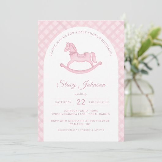 Arched Pink Rocking Horse Girl Baby shower Uitnodi Kaart (Staand voorkant)