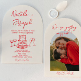 Arched Retro Hand Drawn Red Unique Photo Wedding Kaart
