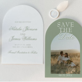 Arched Sage Green Boho Old Money Photo Wedding Save The Date