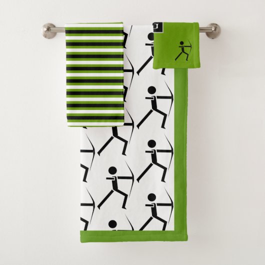 Archer met boog zwart & groene strepen, monogram bad handdoek (Insitu)