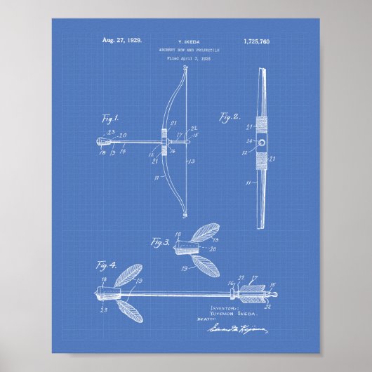 Archery Bow 1929 Patent Art Blueprint Poster (Voorkant)
