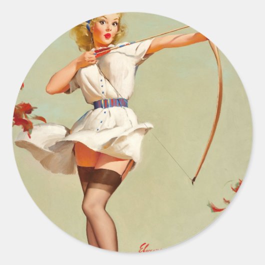 Archery Pin-Up Girl Ronde Sticker (Voorkant)