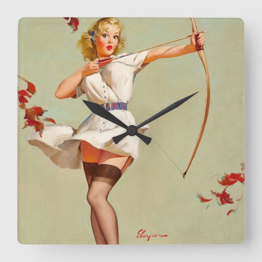 Archery Pin-Up Girl Vierkante Klok (Voorkant)