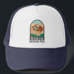 Arches National Park Double Arch  Trucker Pet<br><div class="desc">Het vectorkunstwerk van vonken ontwerp. Het park ligt ten noorden van Moab in de staat Utah. Borduurt door de Colorado in het zuidoosten,  het is bekend als de locatie van meer dan 2.000 natuurlijne zandstenen archen.</div>