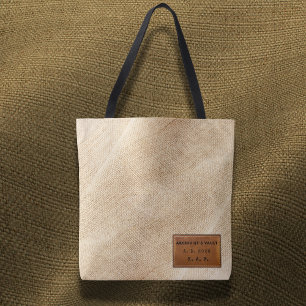 Archief jute textuur gestikte leerlook tote bag