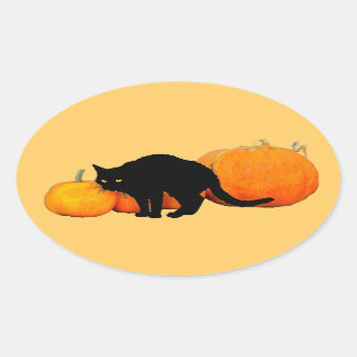 Arching zwarte kat met pompoenen ovale sticker