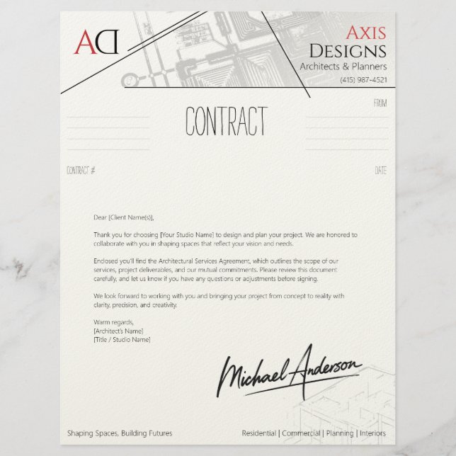 Architect Contract Hoesje Letter met Blauwdruk Briefhoofd (Voorkant)