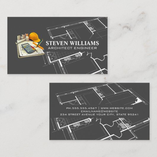 Architect gereedschap | Blauwdrukken | Hoofdaannem Visitekaartje (Voorkant / Achterkant)