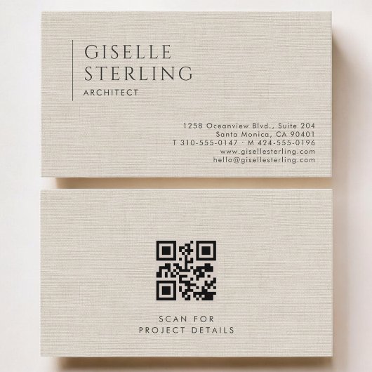 Architect Luxe Neutrale Linnen QR Code Visitekaartje