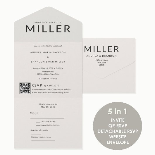 Architectonische Achternaam QR Bruiloft All In One Uitnodiging