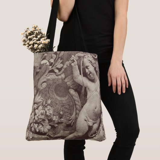 Architectonische gebeeldhouwde bloemen details tote bag (Dichtbij)