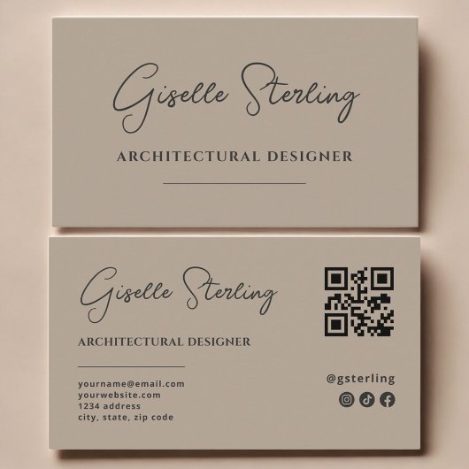 Architectura Designer Neutral Taupe Script QR Code Visitekaartje