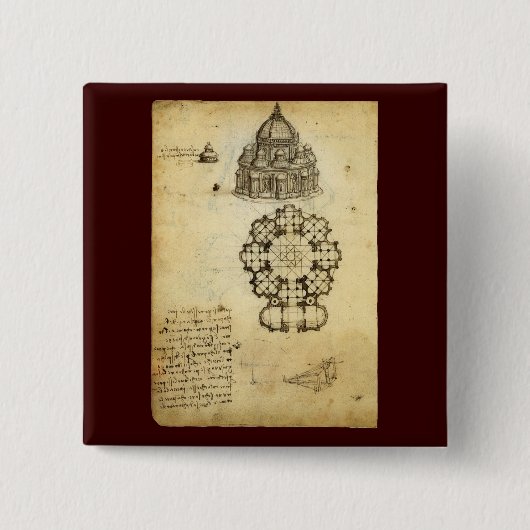 Architectural Cathedral Study by Leonardo da Vinci Vierkante Button 5,1 Cm (Voorkant)