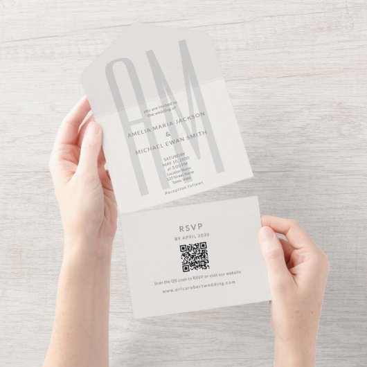 Architectural Monogram Minimal All-in-One Wedding All In One Uitnodiging (Afscheurbaar)