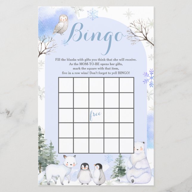 ARCTIC ANIMAL Snowflakes Baby shower Bingo (Voorkant)